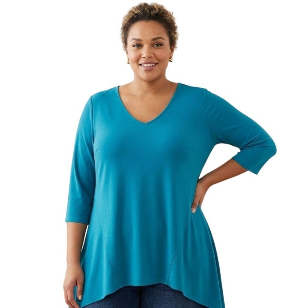 Lundstrom Women 1X Teal V-Neck Sharkbite Hem 3/4 Sleeve Tunic Top L2009X-LLS14